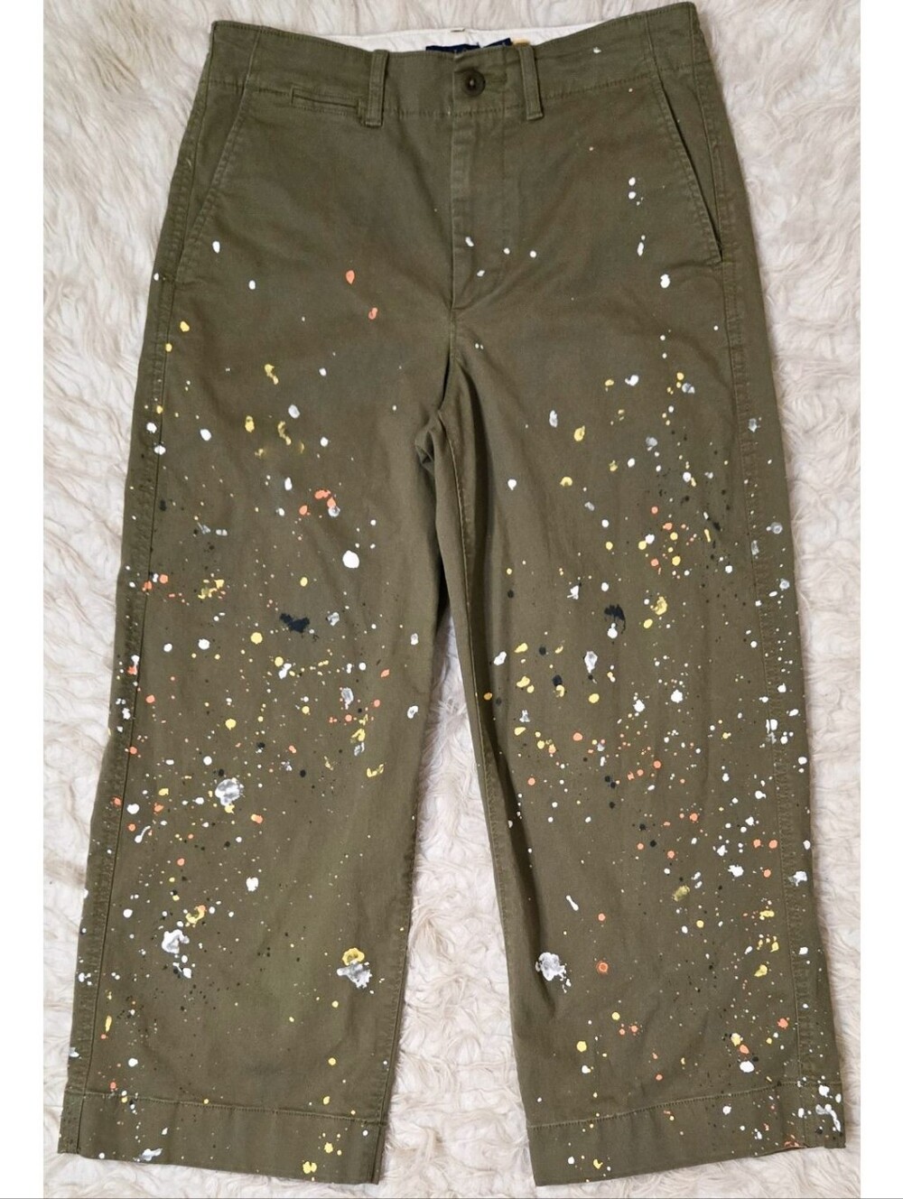 Polo Ralph Lauren Cropped Pants Green Chino Paint Splatter Wide Leg High Waisted - Picture 2 of 5